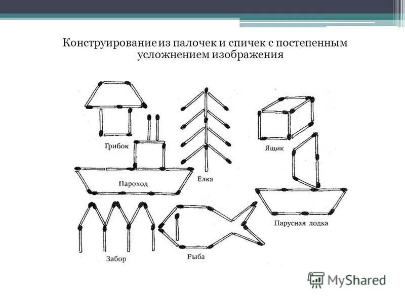 Составить фигуры из спичек. Схема построения для счетных палочек. конструирование из палочек. конструирование из счетных палочек. конструирование из спичек с постепенным усложнением изображения..