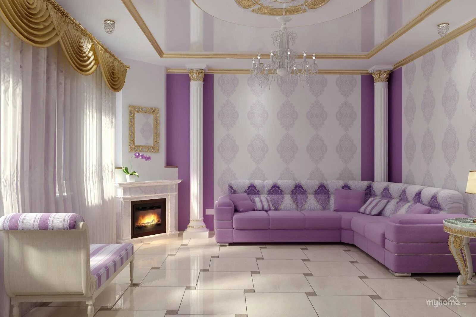 Дизайн гостиной в сиреневом #гостиная #интерьер #выбор_цвета Минималистская гост