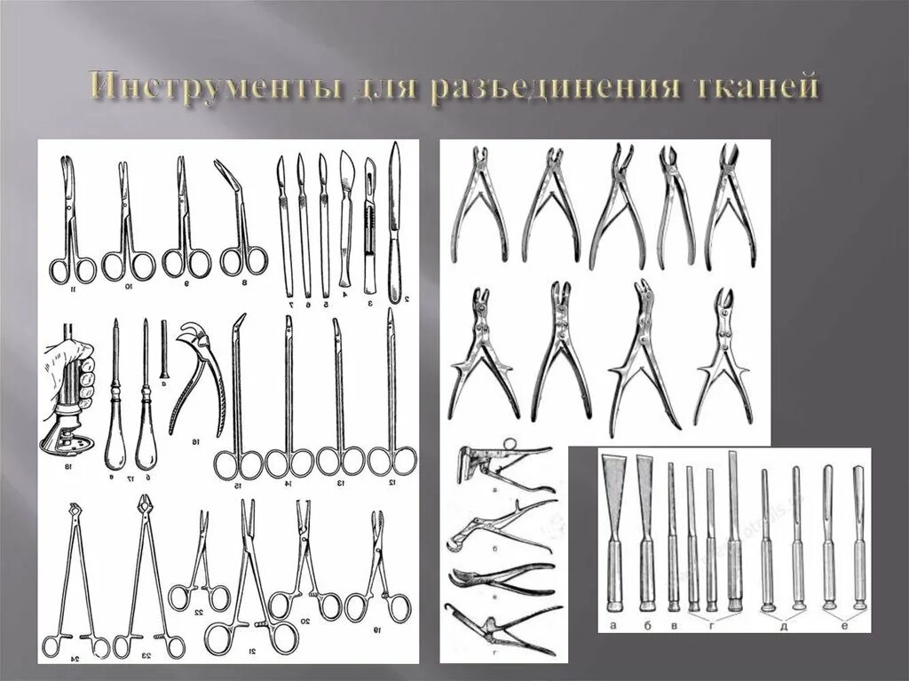 Инструменты дляразьединения тканей. Инструменты рассоединяющие ткани. Хирургические инструменты. Инструментарий для разъединения тканей.