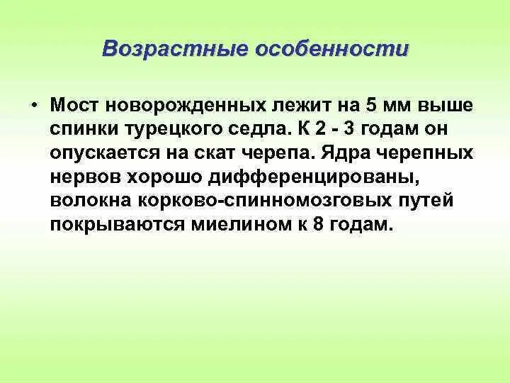 Возрастные особенности моста головного мозга. Возрастные особенности продолговатого мозга. Возрастные особенности среднего мозга. Возрастные особенности заднего мозга.