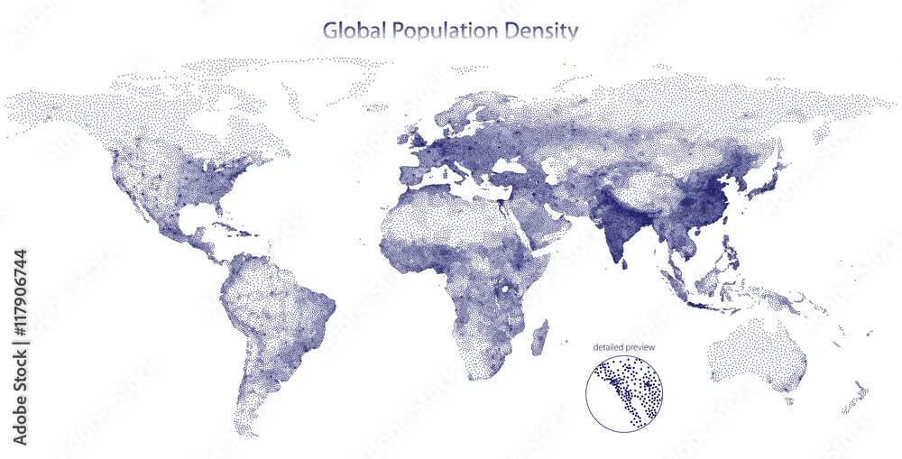 The population of the world is. World population density map.