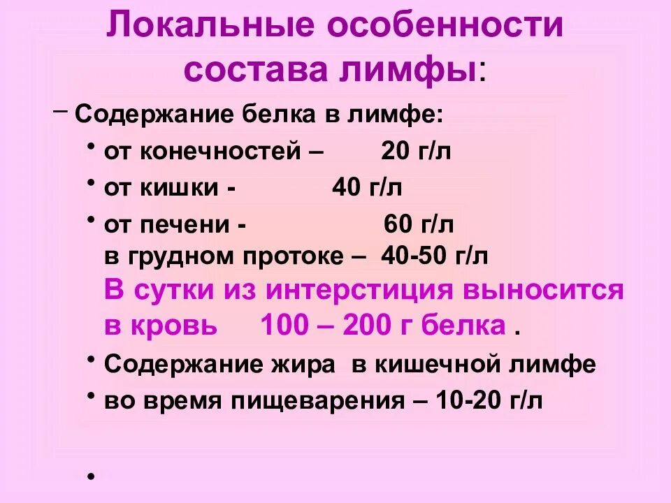 Особенности состава лимфы. Содержание белков в лимфе. РН лимфы. Состав лимфы человека таблица