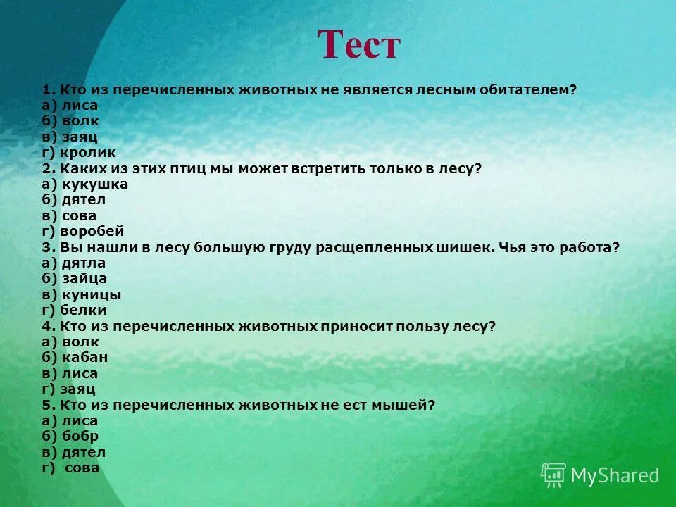 Тест животные леса. Вопросы для тестирования про животных. Тест на тему лес и его обитатели. Тест про лес.