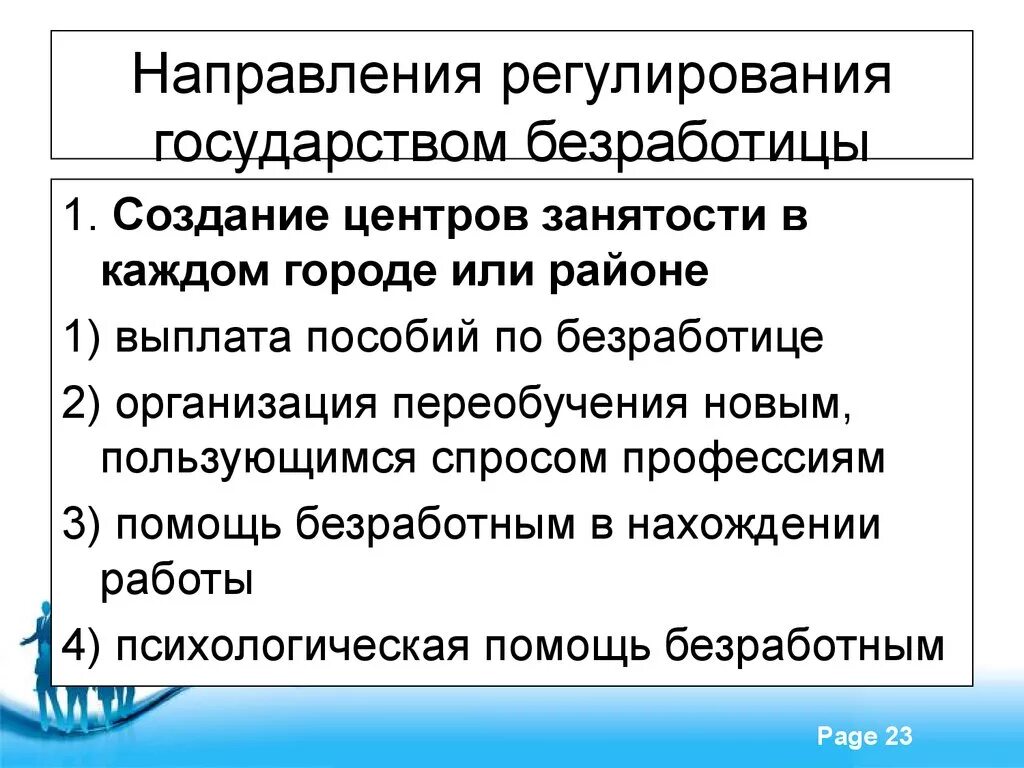 Направления регулирования безработицы. Формы и методы безработицы. Как государство помогает безработным. Регулирование уровня безработицы.