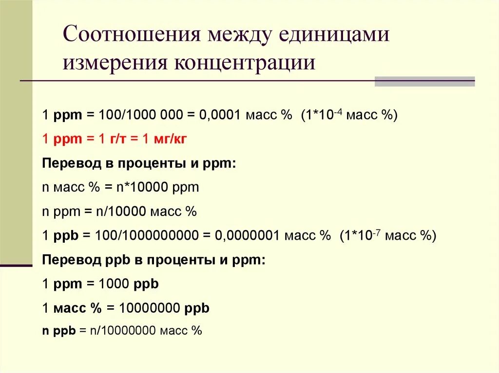 Перевод мкг л. Концентрация единицы измерения. Ppm единица измерения. Ppm единица измерения концентрации. Соотношения между единицами измерения концентрации.