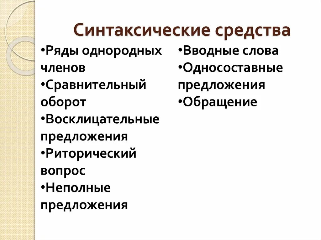 Синтаксические средства. Дезинтоксические средства. Синтаксические выразительные средства. Стилистичеспо синтаксические средства. Разговорные синтаксические средства