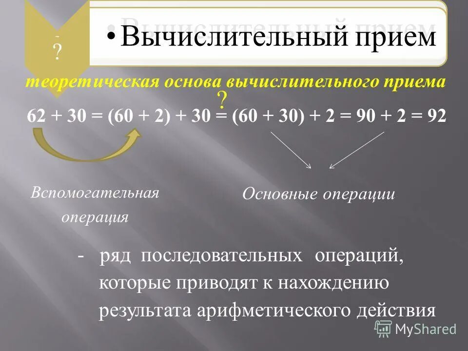 Вычислительные приемы. Теоретическая основа вычислительного приема. Вычислительный прием и его теоретическую основу:. Вычислительные приемы деления.