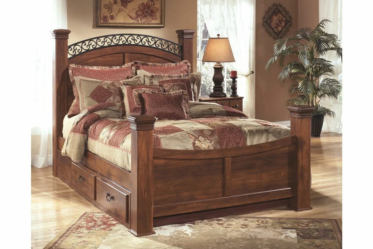 Bed furniture. Деревянная кровать с мягким изголовьем. Американская кровать высокая. Кровать с полочками в изголовье. Интерьер спальни с мебелью вишня.
