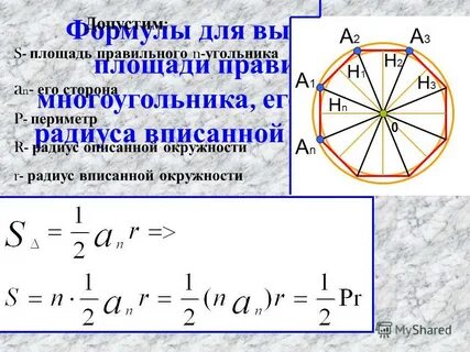 Площадь многоугольника вписанного в окружность равна