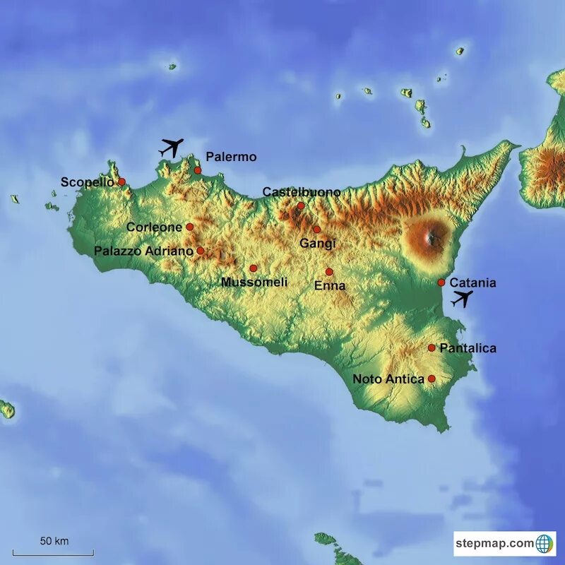 Остров Сицилия на карте. Этна на карте Сицилии. Сицилия карта с рельефом.