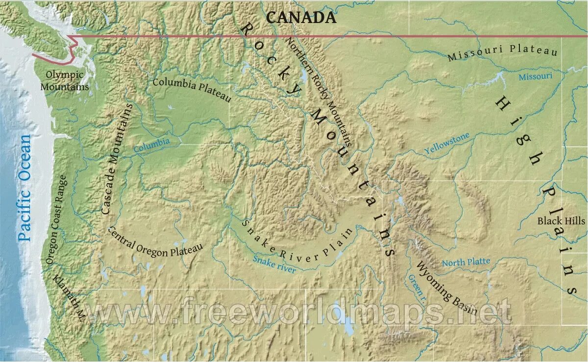 Плато Миссури на карте Северной Америки. Плоскогорье на карте. Каскадные горы на карте Северной Америки.