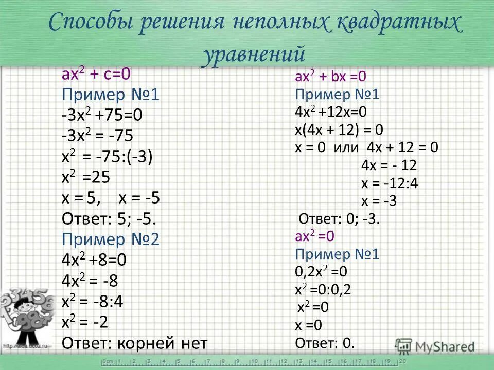 Пример 0 1 12. Неполные квадратные уравнения примеры с решением. Решение неполных квадратных уравнений. Как решается неполное квадратное уравнение пример. Квадратные уравнения решение неполных квадратных уравнений.