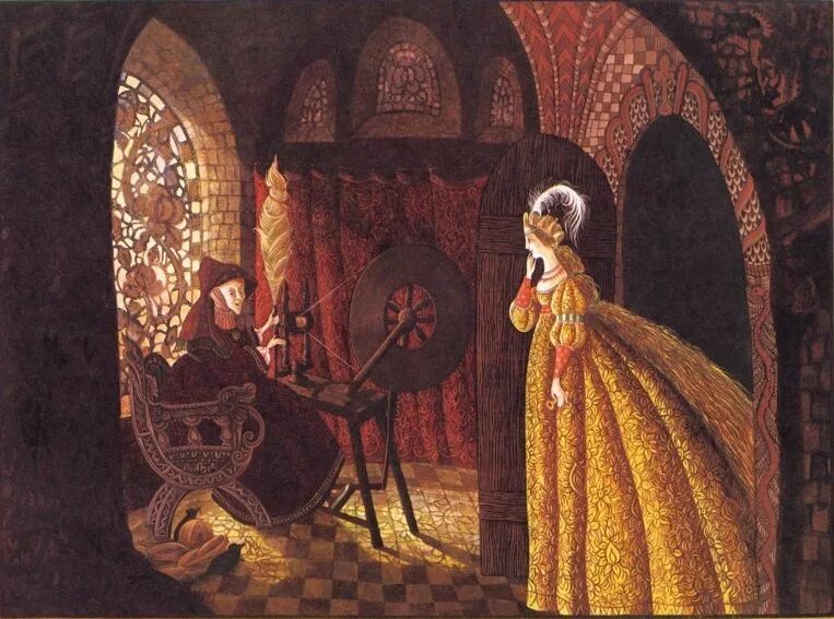 Сказка шиповничек братья гримм. Золотое веретено иллюстрация. Веретено спящая красавица. Пять веков картине городок старинный. Пьетро да кортона серебряный век.