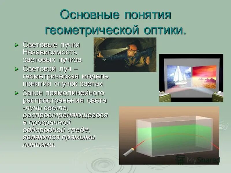 Независимости световых лучей. Явления геометрической оптики. Основные понятия геометрической оптики Луч. Световой пучок и световой Луч.