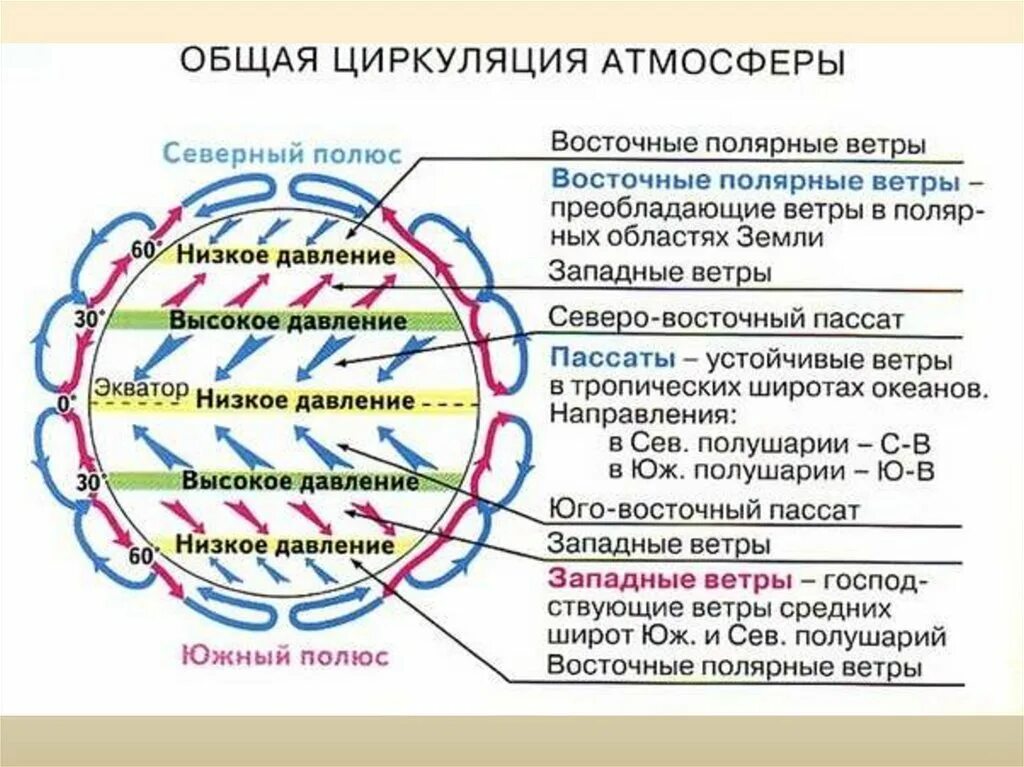 Области высокого давления формируются в широтах. Схема общей циркуляции атмосферы. Схема общей циркуляции атмосферы на земле. Ветры общей циркуляции атмосферы. Общая циркуляция атмосферы презентация 7 класс Полярная звезда.