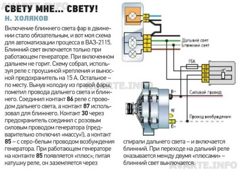 Почему при запуске автомобиля. Реле дальнего света фар ВАЗ 2115. ВАЗ 2115 Габаритные лампы схема. Переключатель света Газель на ВАЗ 2114. Схема подключения генератора ВАЗ 2115.