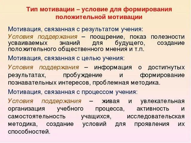 Мотивы связанные с процессом деятельности. Условия мотивации. Понижающие Мотивационные условия. Внешняя мотивация. Мотивационные типы.