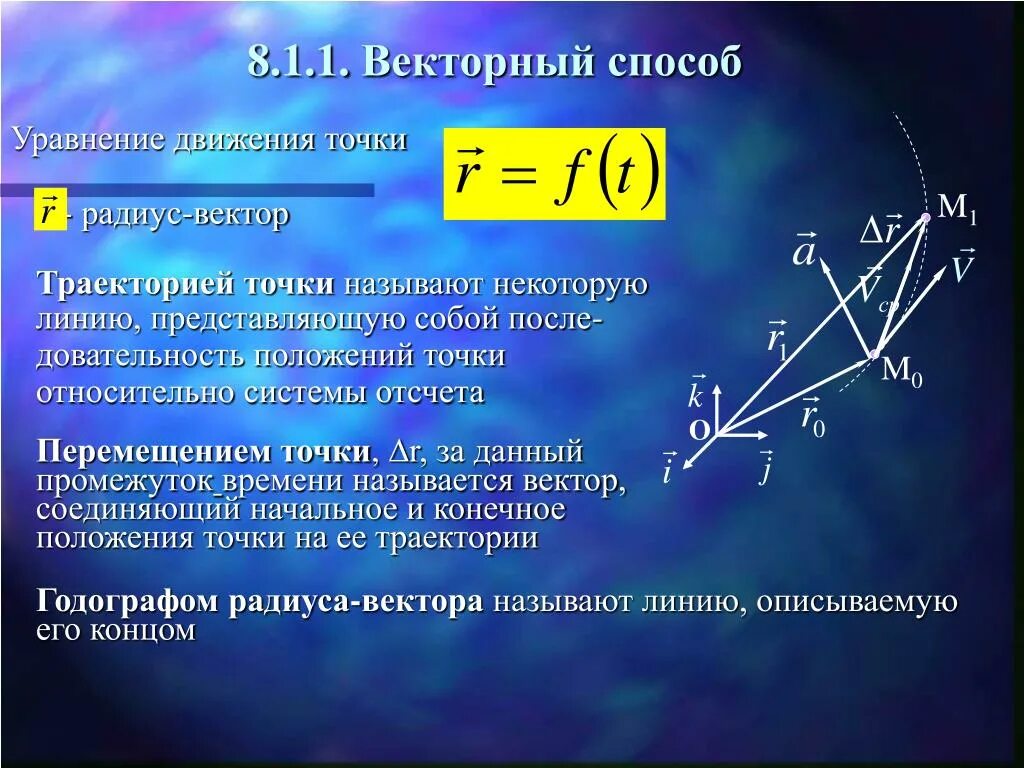 Уравнение движения точки. Уравнение движения векторным способом. Уравнение траектории точки. Уравнение траектории движущейся точки.