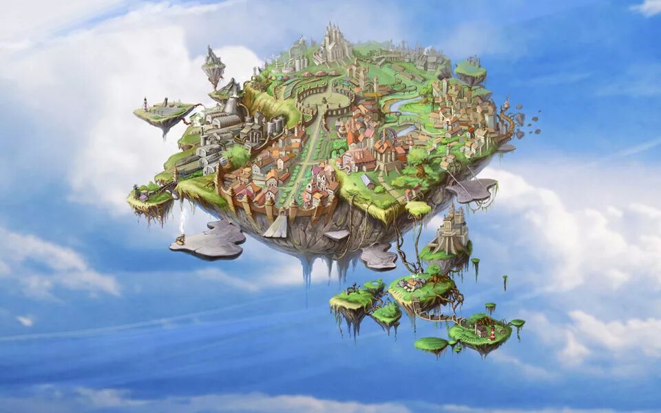 Летающий город. Gorillaz feel good inc остров. Небесный остров. Парящие острова. Летающие острова.