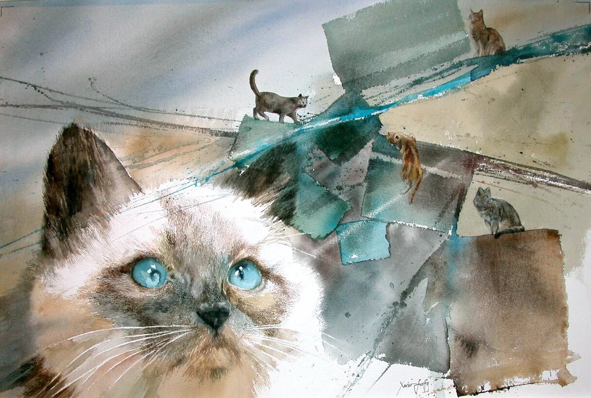 Художник родился. Xavier SWOLFS художник. Кошка акварелью. Акварельные кошки художника. Портрет кошки акварелью.
