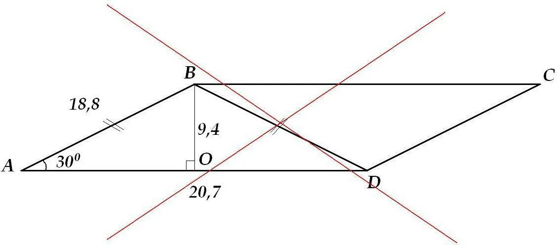 Диагональ bd параллелограмма abc. Параллелограмм 30 градусов. Угол лежащий против 30 параллелограмма. Против угла в 30 градусов в параллелограмме. В параллелограмме диагональ bd 18.8.