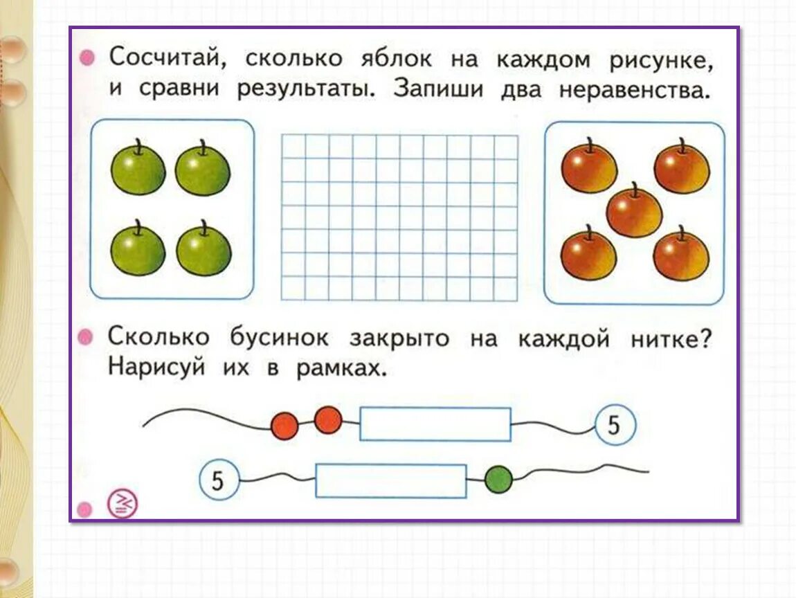 Сосчитай сколько яблок на каждом рисунке сравни. Равенства и неравенства 1 класс. сосчитай сколько яблок на каждом рисунке. картинка равенства и неравенства.