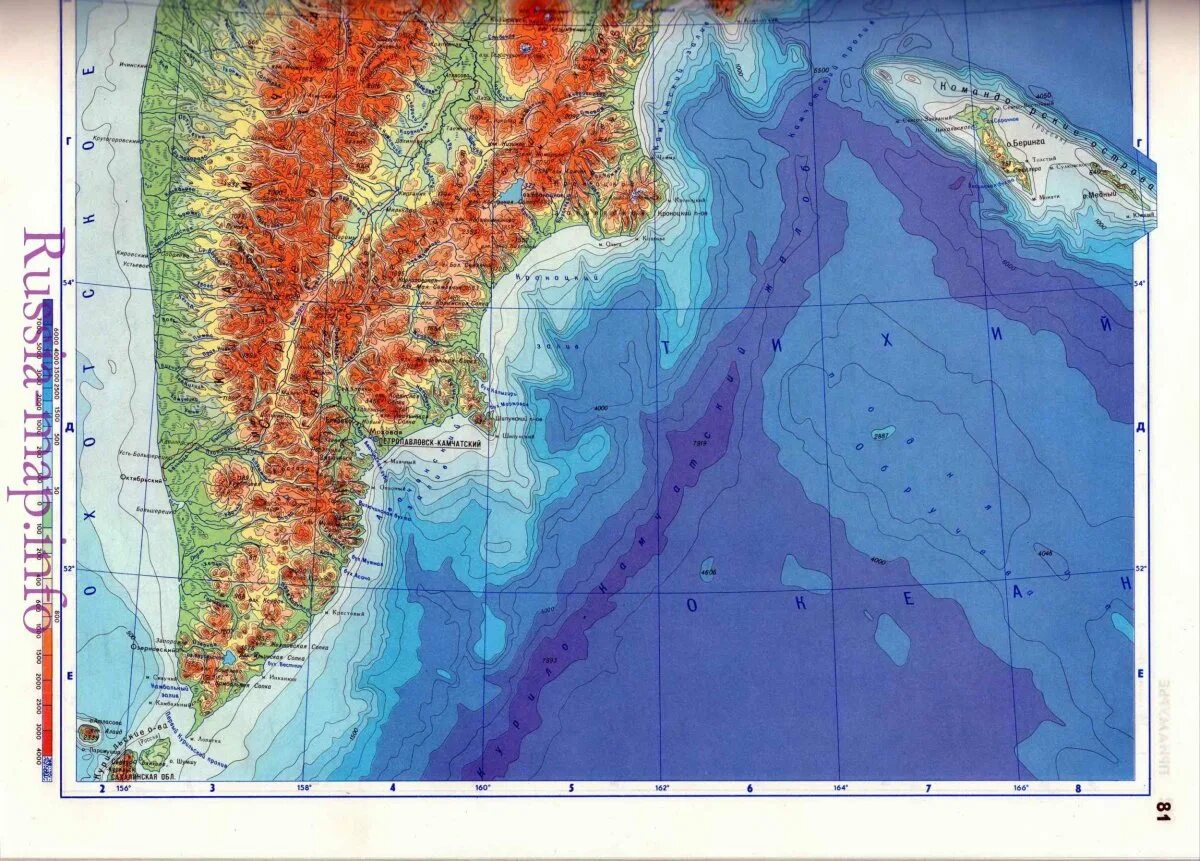 Горы камчатки на карте россии. Камчатка полуостров на атласе. Полуостров Камчатка на карте. Вулканы на полуострове Камчатка на карте. Топографическая карта полуострова Камчатки.