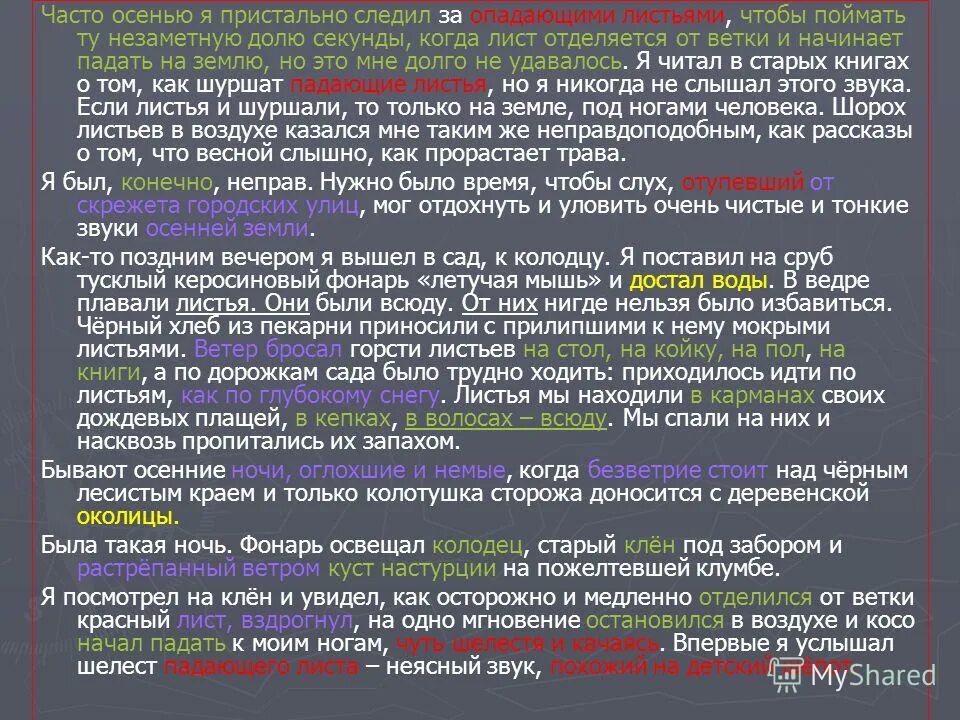 Часто осенью я пристально следил за опадающими листьями. Часто осенью я пристально следил за опадающими. Часто осенью я внимательно следил за опадающими листьями. Часто осенью я следил за опадающими листьями. Часто осенью я следил за опадающими.