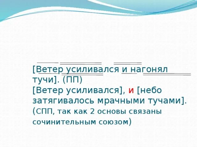 Ветер усилился предложение. Составить предложения небо затянули. Наплывали тучи ветер усиливался тире. СПП про небо. Тучи свинцовые небо затянули составить правильно предложение.