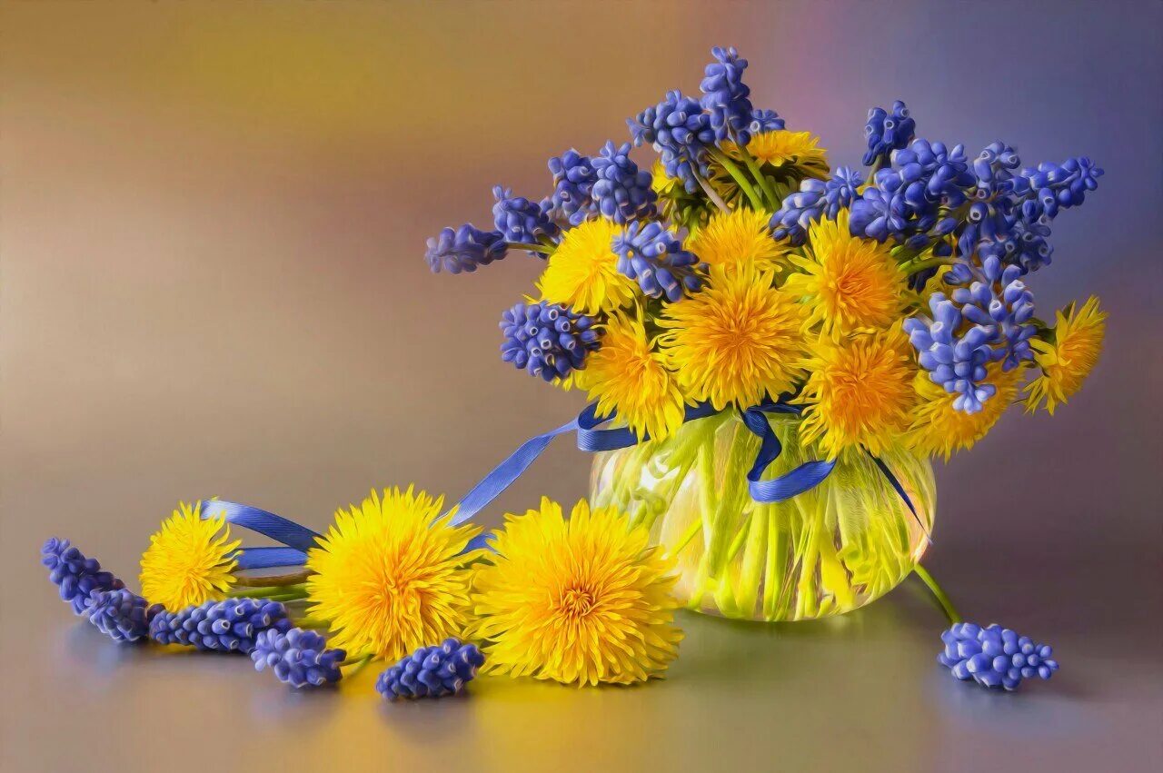 Доброе весеннее солнечное утро и хорошего. Желто синие цветы. Букет одуванчиков. Красивый букет из одуванчиков. Цветы солнечное настроение.