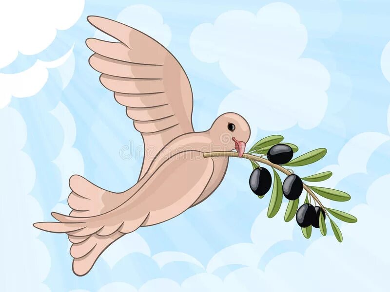 Ноев Ковчег и голубь с оливковой ветвью. Птица с веточкой в клюве. Голубь с оливковой веточкой.