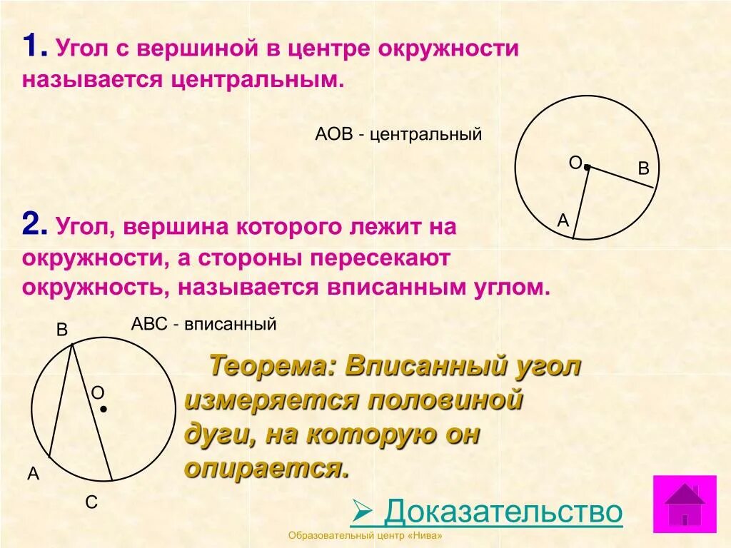 Какой треугольник называют вписанным в окружность. Центральные и вписанные углы. Вписанный угол окружности. Центральный и вписанный угол окружности. Центральные углы и углы вписанные в окружность.