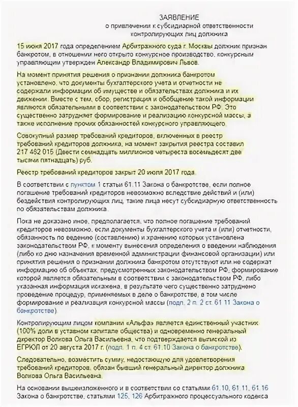 Заявление о субсидиарной ответственности учредителя. Заявление о привлечении к субсидиарной ответственности образец.