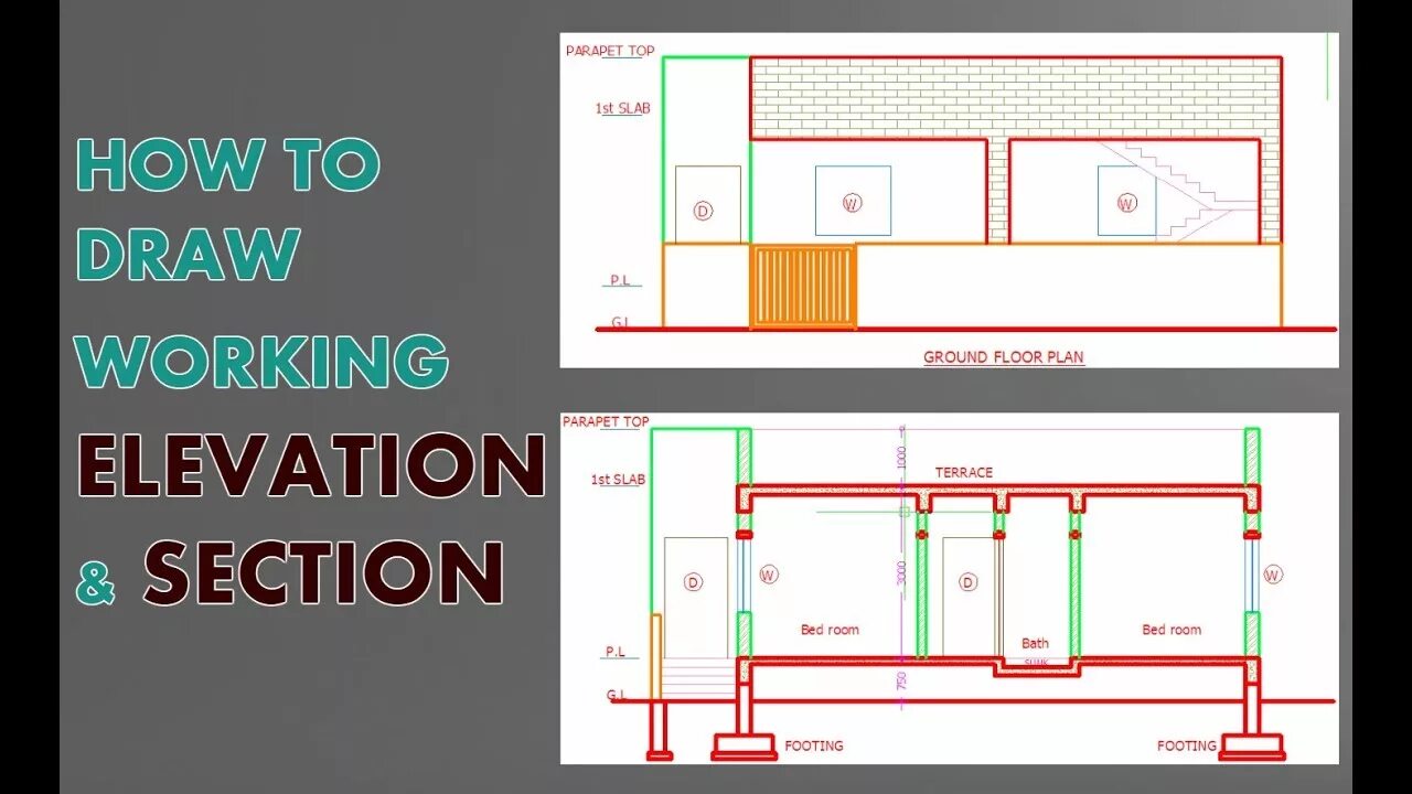 Section 1 and 2. Section autocad. section plan. elevation in english. конвертация aecc_surface_elevation_label.