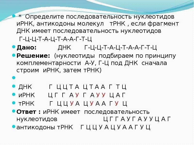 Кодирующая цепь днк имеет последовательность. ДНК ИРНК ТРНК задачи. Антикодон ДНК А-Т-Ц. Задачи по биологии на комплементарность ДНК И РНК Т РНК. Транскрипция ДНК И-РНК по принципу комплементарности.