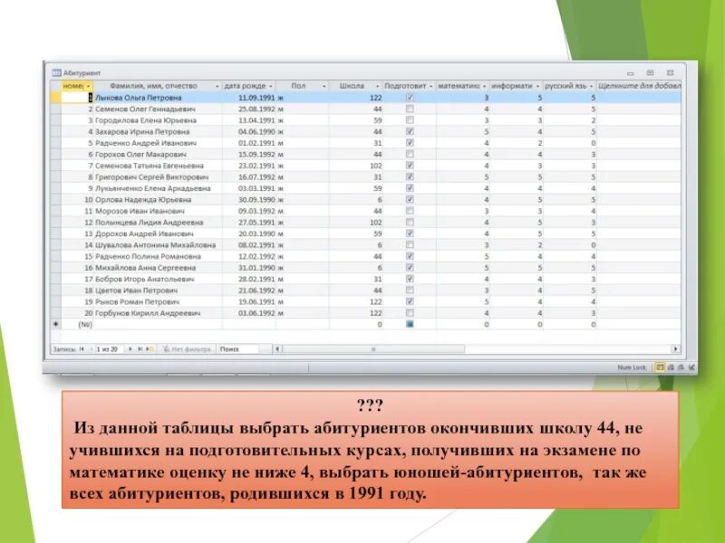 База абитуриентов. Таблица абитуриентов. Запросы к БД абитуриенты. Создать запрос для выбора всех абитуриентов. Таблица абитуриенты Информатика.