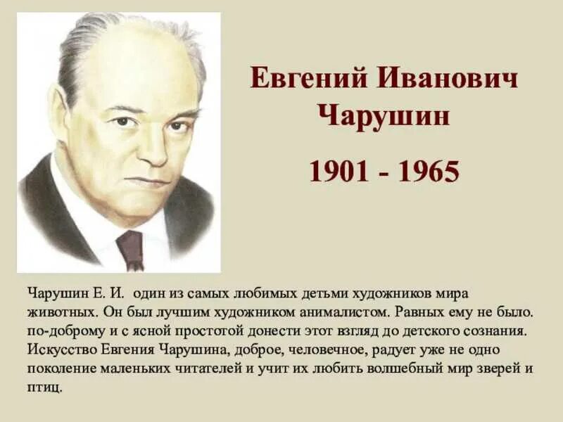 Роль детских писателей. Портрет е Чарушина. Портрет писателя Чарушина для детей.