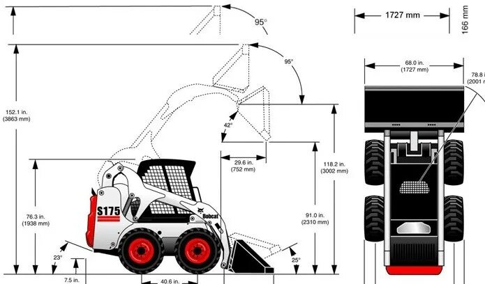 Bobcat s175 чертеж. Bobcat s175 габариты. Мини-погрузчик Bobcat s175 подвеска. Бобкэт погрузчик габариты. Bobcat s175 характеристики