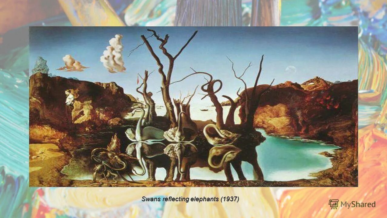 Лебеди отражающиеся в слонах. Salvador Dali Swans reflecting Elephants. Сальвадор дали лебеди, отражающиеся в слонах. Сальвадор дали «лебеди, отражающиеся в слонах» (1937).