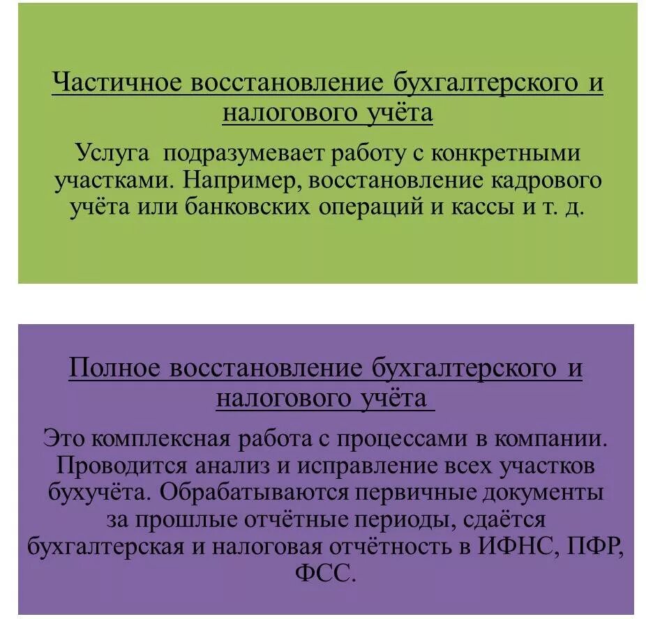 Восстановление бухгалтерского и налогового учета. Услуги восстановление бухгалтерского учета. Услуги по восстановлению бухгалтерского учета ООО. Виды восстановления. Услуги восстановления бухгалтерского учета