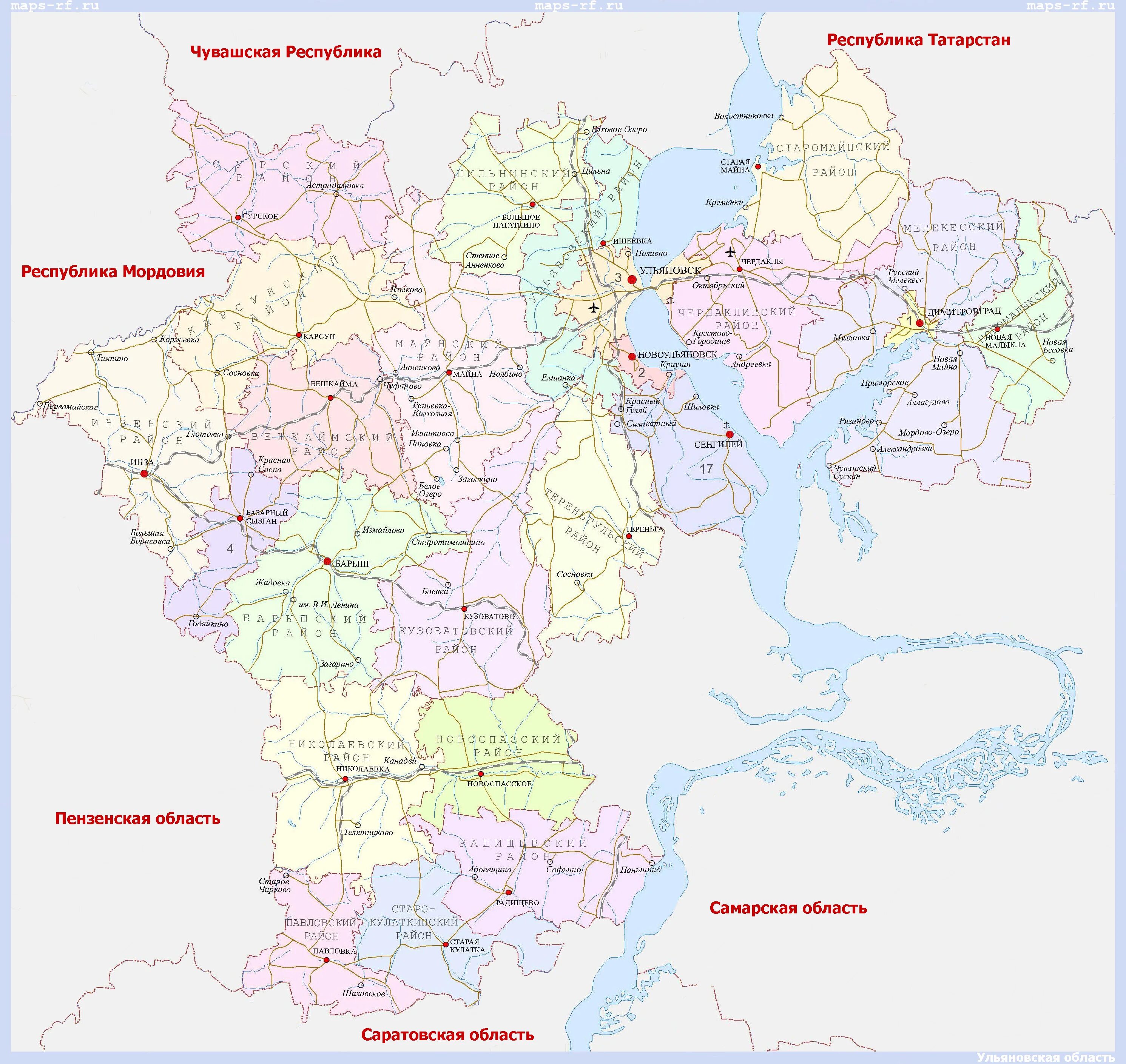 Ульяновская область какой район. Карта Ульяновской области по районам. Ульяновская область на карте с населенными пунктами. Карта Ульяновской области по районам подробная с деревнями. Карта Ульяновской обл с районами.