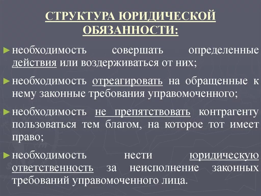 Структура юридической обязанности. Структурные элементы юридической обязанности. Юридические обязанности понятие. Структура юр обязанности. Понятия субъективное гражданская обязанность