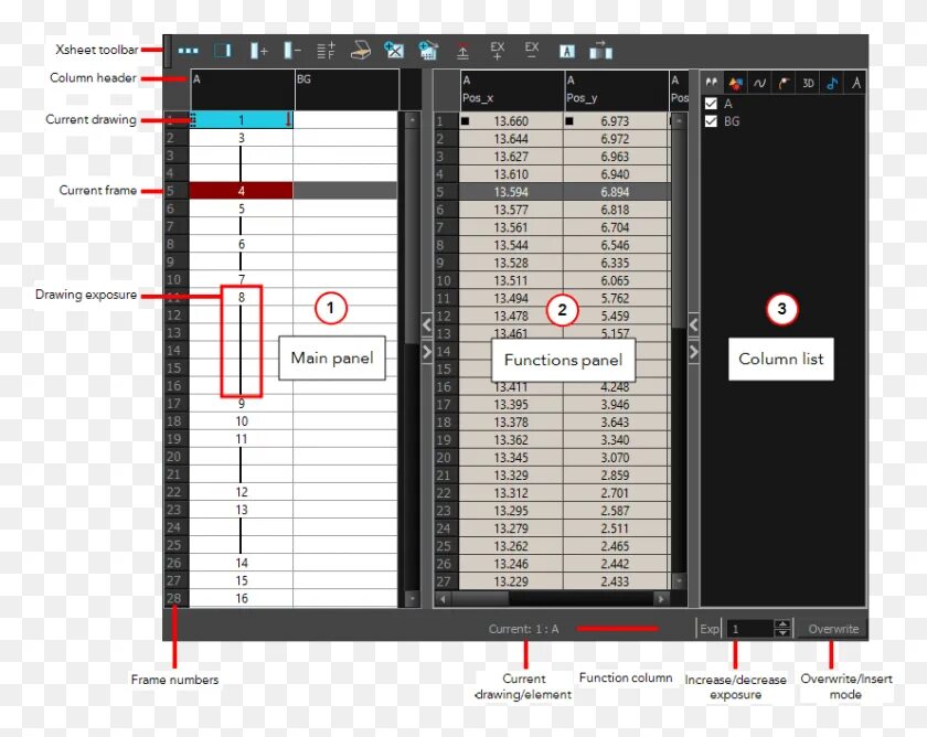 Xsheet. Xsheet/timeline.