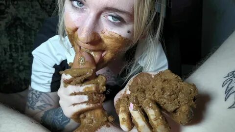 Tattooed girl puts shit on his dick then gives messy blowjob.