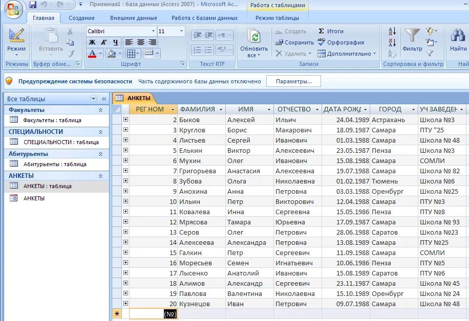 Программа для организации информации. Таблицы БД access. База данных аксесс таблицы. Как выглядит база данных в access. Практическая работа 1 создание базы данных приемная комиссия.