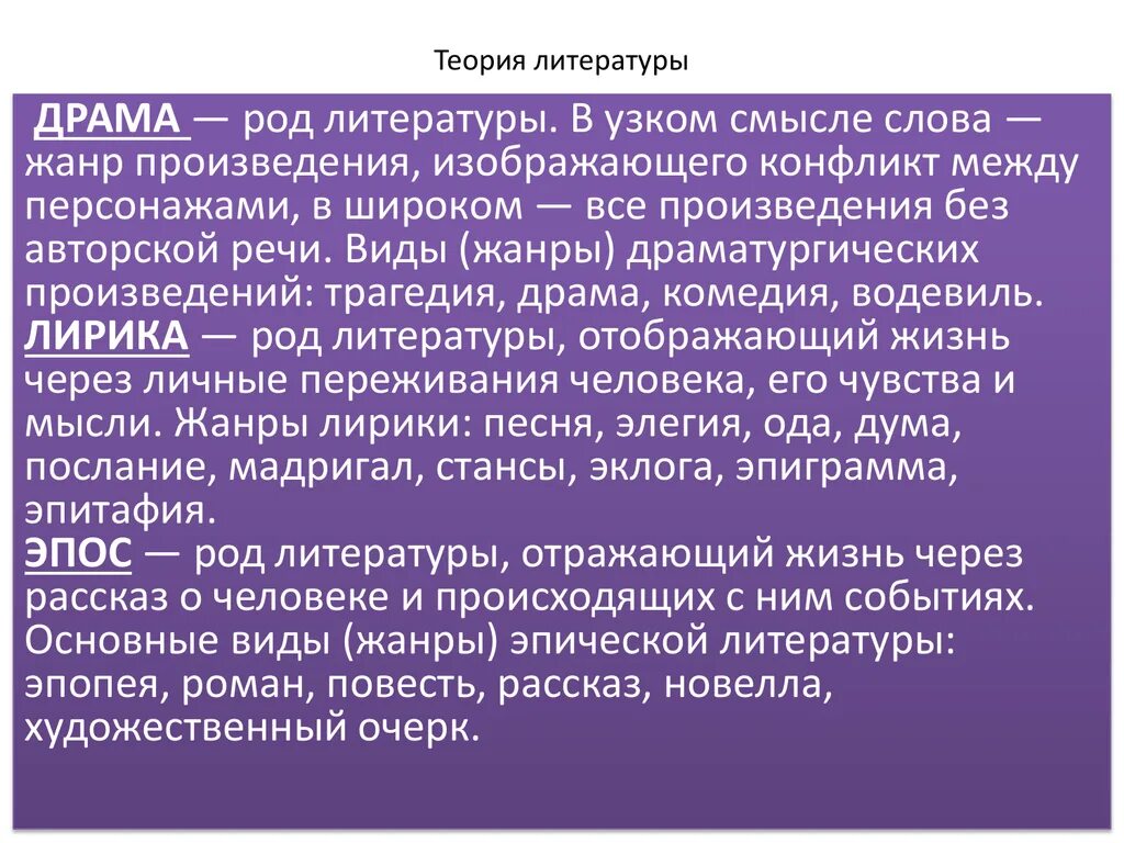 Произведения рода драмы. Теория литературы. Определение теории литературы. Литературные роды. Основы теории литературы.