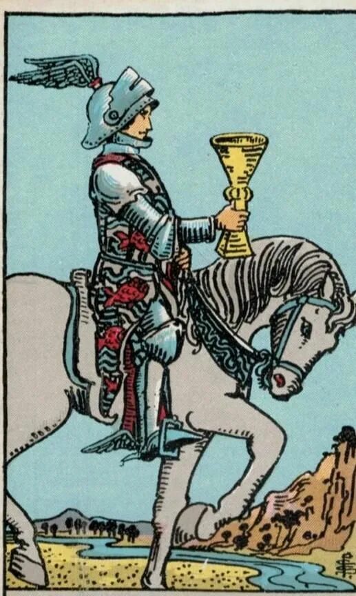 Knight of cups tarot. Карта таро рыцарь кубков. Рыцарь кубков таро уэйта. Рыцарь кубков уэйт. Карта таро рыцарь кубков.