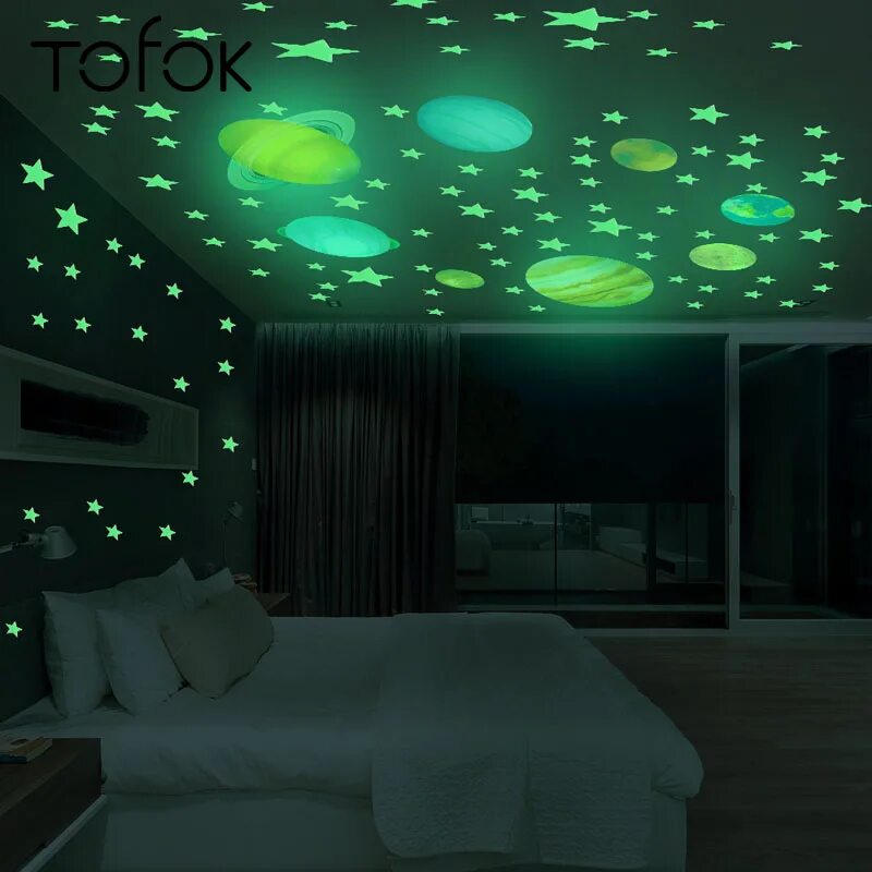 Потолок в темноте. Наклейки флуоресцентные &quot;планеты&quot; glow in the dark. натяжной потолок звездное небо. светящийся потолок. потолок со светящимися звездами.