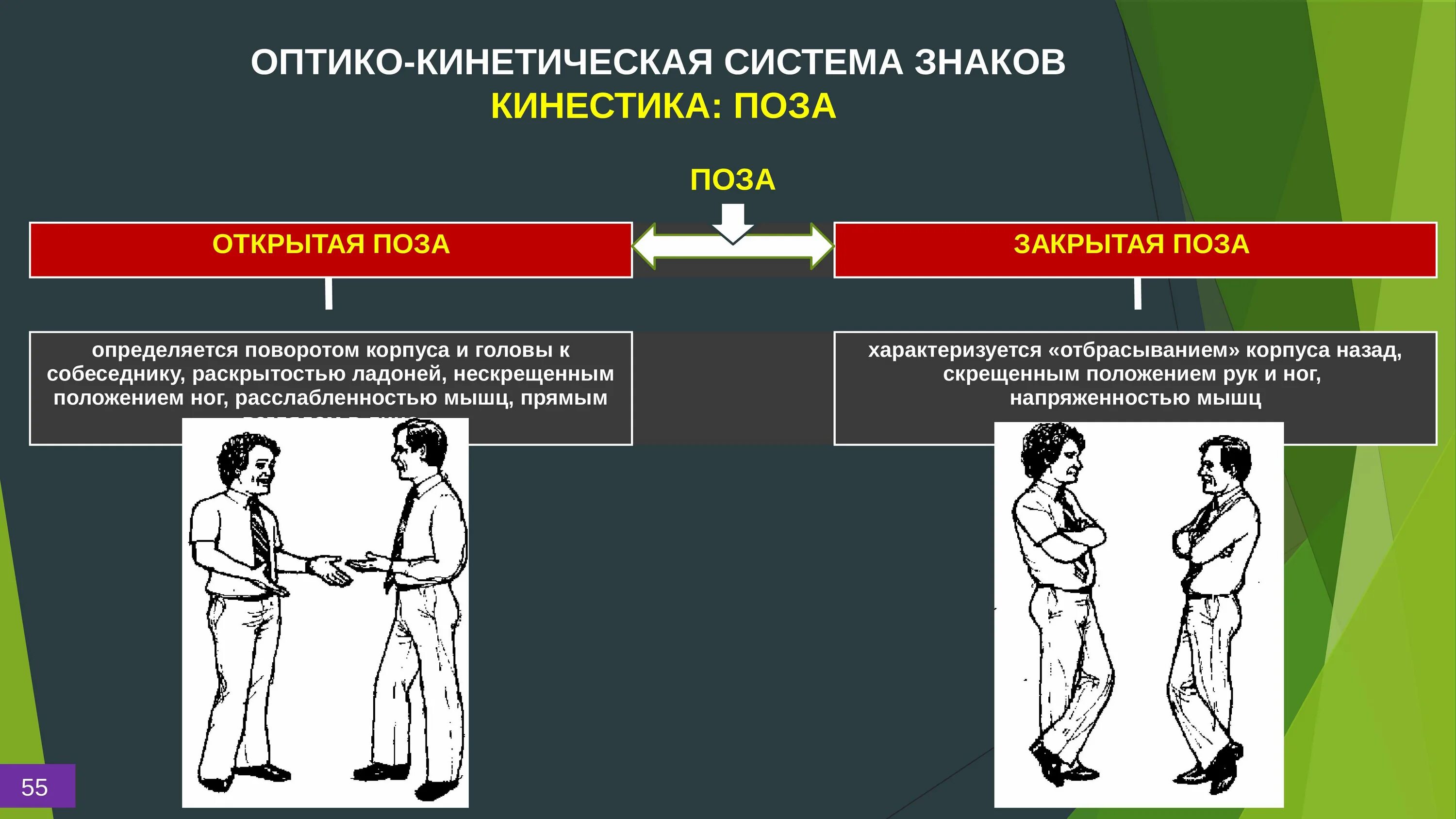 Оптико-кинетическая подсистема. Оптико-кинетическая система знаков. Открытая и закрытая поза. Позы в общении. Оптико кинетическая система включает