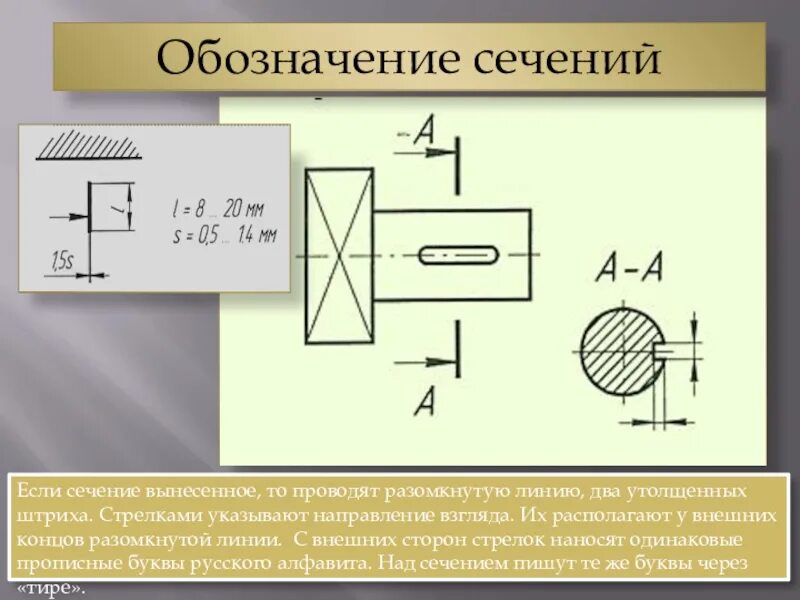 Обозначение разреза и сечения. Вынесенное сечение. Обозначение сечения. Вынесенное сечение на чертеже. Обозначение линии сечения.